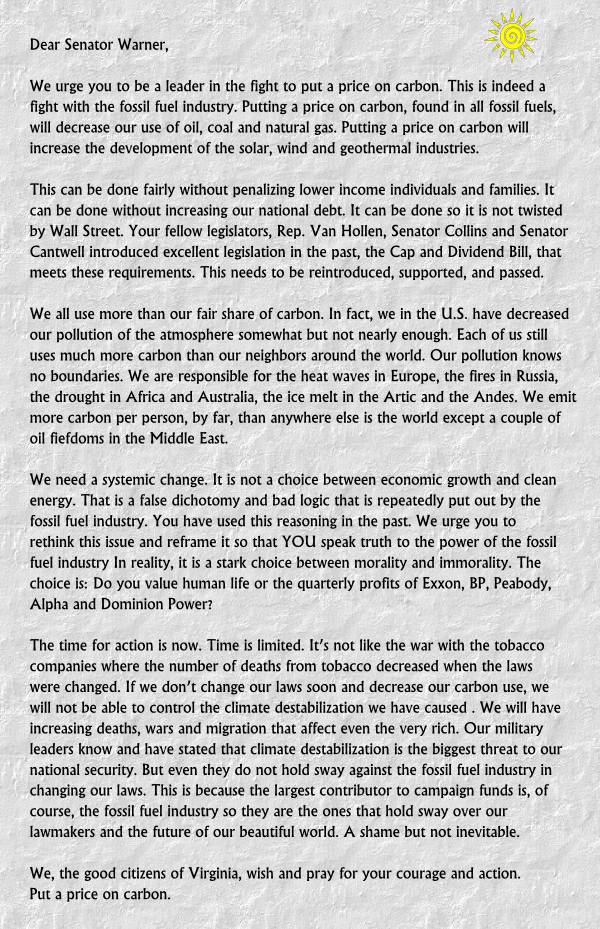 Members of CAAV's Legislation and Election's committee delivered this letter with a few hundred attached signatures to Thomas King, environmental specialist for Senator Mark Warner in Washington, D.C.