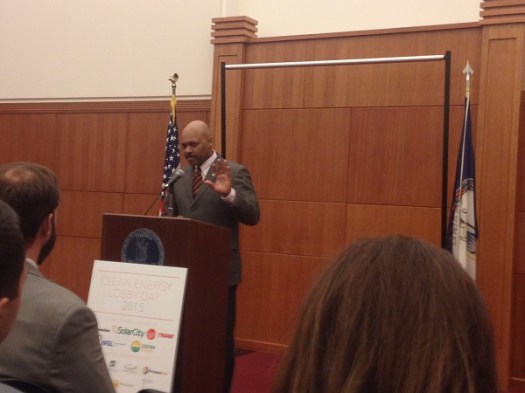Secretary of Commerce and Trade, Maurice A. Jones, meets with and takes questions from the renewable energy industry people. In addition to attendees from Virginia, there were some from other states, including Maryland and California. Maryland solar business owners pointed out that they can draw from a trained workforce, as Maryland community colleges award certificates in solar installation.  